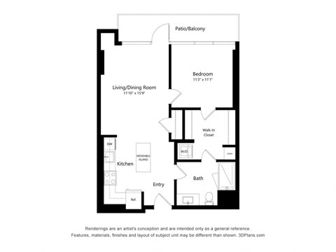 Floor plan for 1 bed, 1 bath, 757 sqft